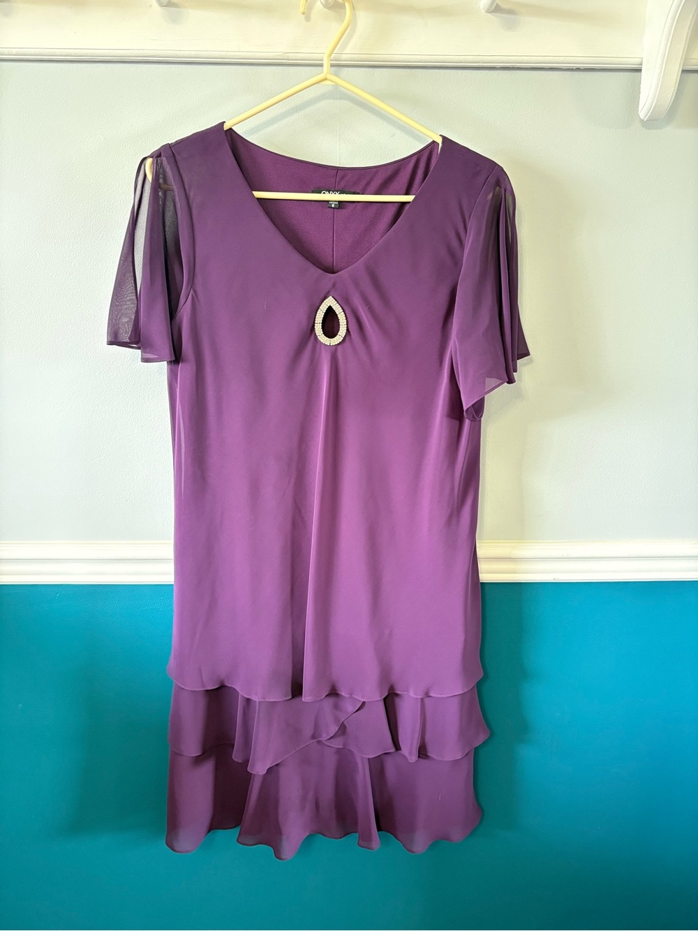 Onyx Nite Purple Layered Flutter Sleeve Dress with Teardrop Accent